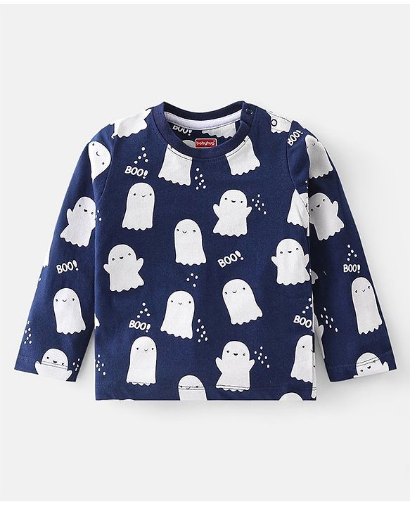 Babyhug Cotton Knit Full Sleeves Night Suit with Ghost & Text Print - Navy Blue