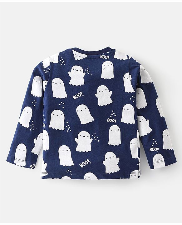 Babyhug Cotton Knit Full Sleeves Night Suit with Ghost & Text Print - Navy Blue