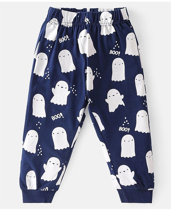 Babyhug Cotton Knit Full Sleeves Night Suit with Ghost & Text Print - Navy Blue