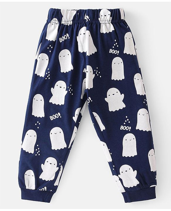 Babyhug Cotton Knit Full Sleeves Night Suit with Ghost & Text Print - Navy Blue