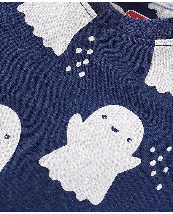 Babyhug Cotton Knit Full Sleeves Night Suit with Ghost & Text Print - Navy Blue