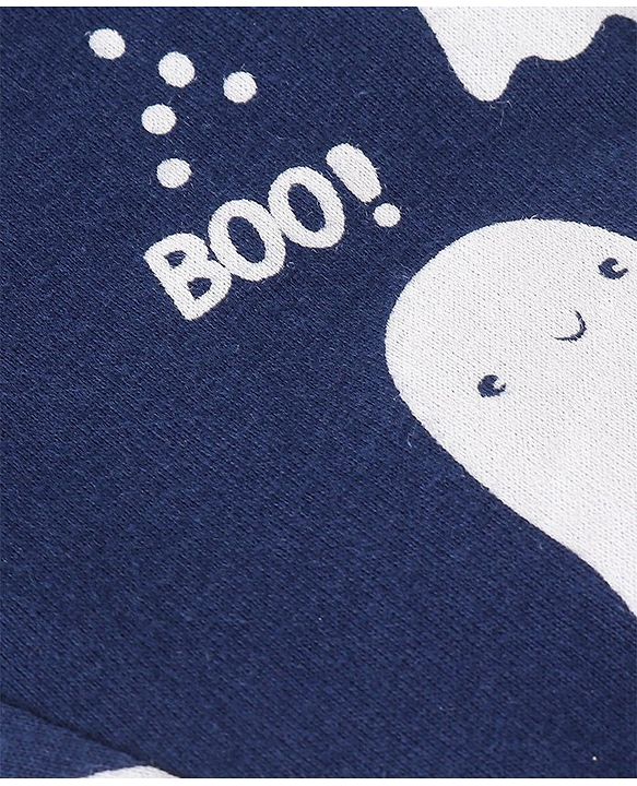 Babyhug Cotton Knit Full Sleeves Night Suit with Ghost & Text Print - Navy Blue