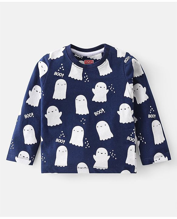 Babyhug Cotton Knit Full Sleeves Night Suit with Ghost & Text Print - Navy Blue