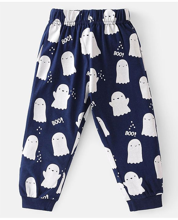 Babyhug Cotton Knit Full Sleeves Night Suit with Ghost & Text Print - Navy Blue