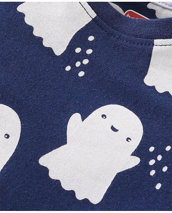 Babyhug Cotton Knit Full Sleeves Night Suit with Ghost & Text Print - Navy Blue