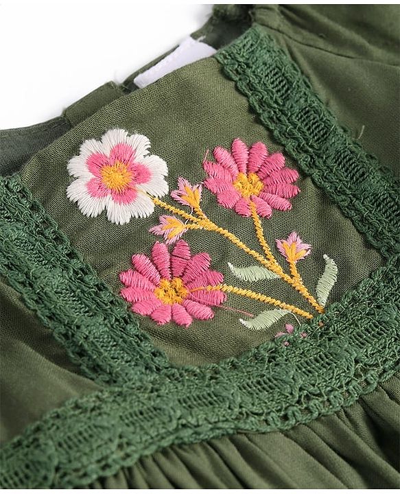 Babyhug Cotton Knit Full Peasant Sleeves Floral Printed Frock with Lace Detailing - Dark Green
