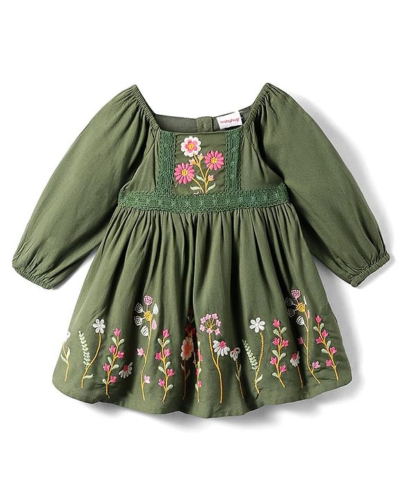 Babyhug Cotton Knit Full Peasant Sleeves Floral Printed Frock with Lace Detailing - Dark Green