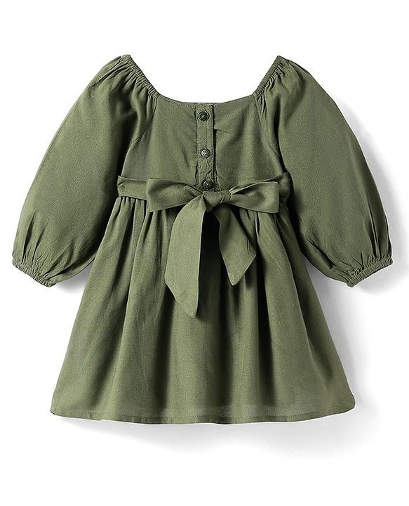 Babyhug Cotton Knit Full Peasant Sleeves Floral Printed Frock with Lace Detailing - Dark Green