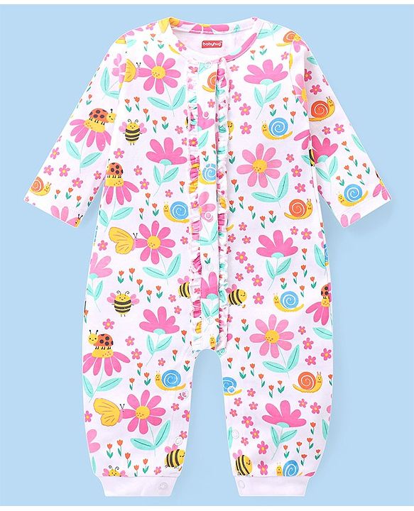 Babyhug 100% Cotton Interlock Knit Full Sleeves Romper Floral Print Pack of 2 - Pink & White