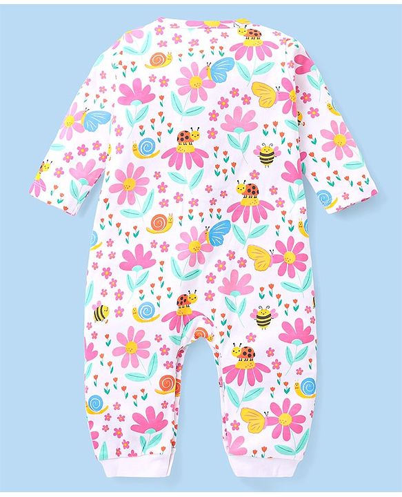 Babyhug 100% Cotton Interlock Knit Full Sleeves Romper Floral Print Pack of 2 - Pink & White