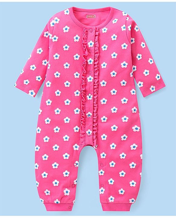 Babyhug 100% Cotton Interlock Knit Full Sleeves Romper Floral Print Pack of 2 - Pink & White
