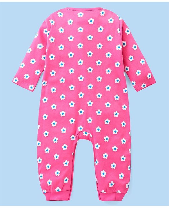 Babyhug 100% Cotton Interlock Knit Full Sleeves Romper Floral Print Pack of 2 - Pink & White