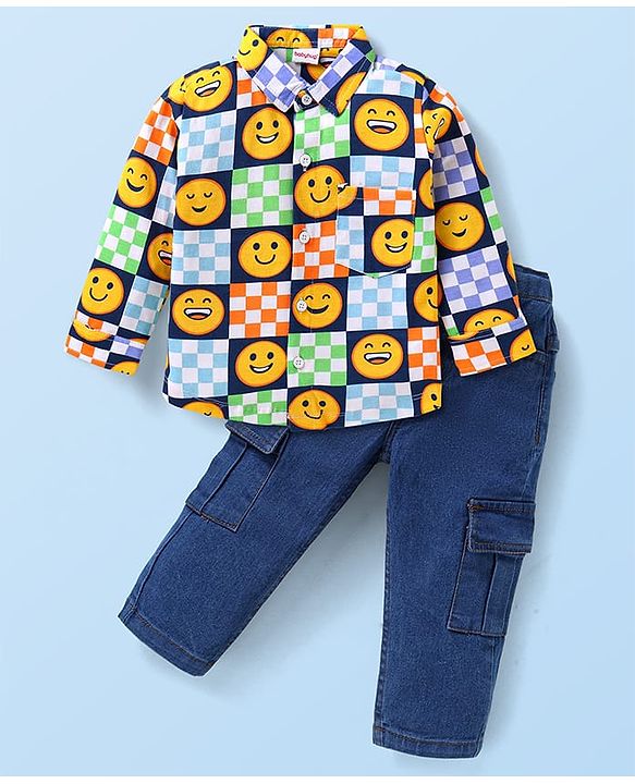 Babyhug Cotton Woven Full Sleeves Smiley Printed Shirt & Solid Denim Jeans Set - Multicolor & Blue