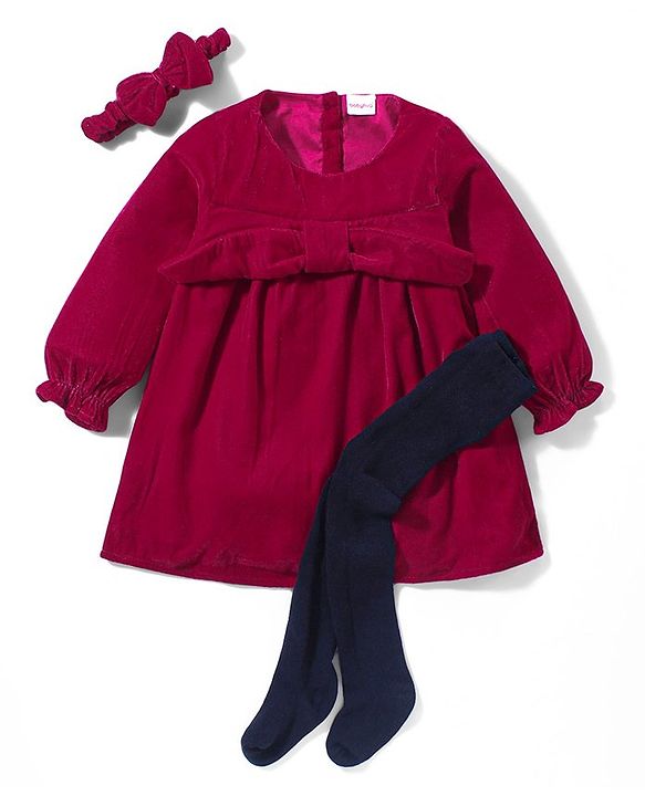 Babyhug Woven Full Sleeves Solid Colour Frock with Stockings & Head Band - Maroon