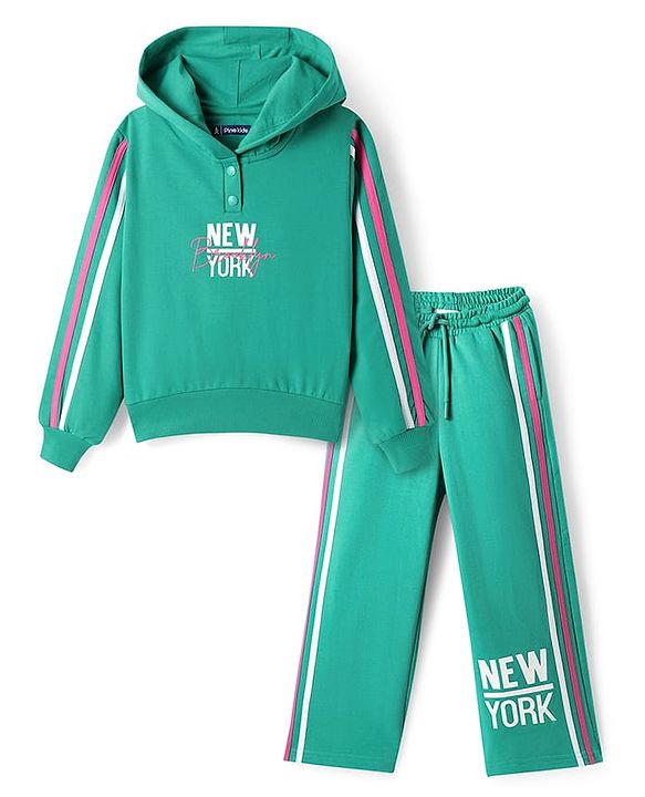 Pine Kids Cotton Knit Full Sleeves Hooded Sweatshirt & Pant Set with Text Print - Mint Green