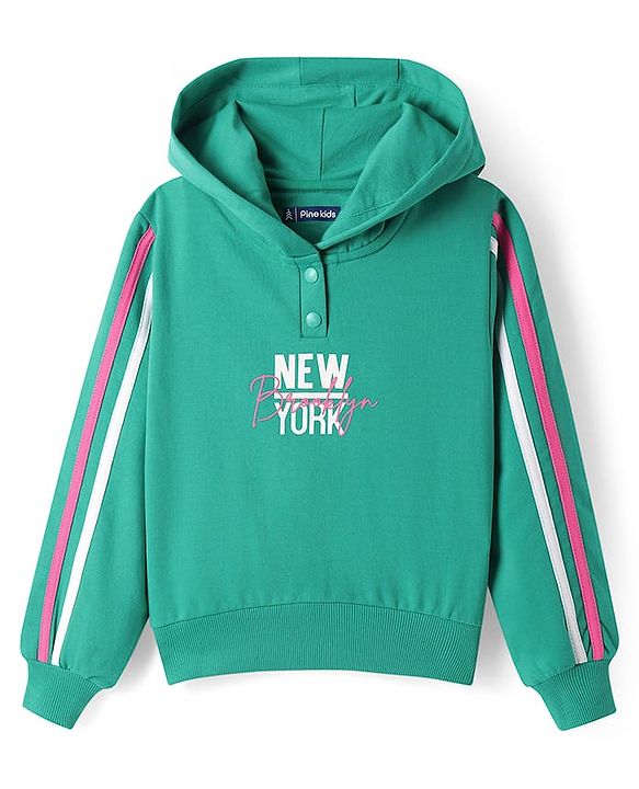Pine Kids Cotton Knit Full Sleeves Hooded Sweatshirt & Pant Set with Text Print - Mint Green
