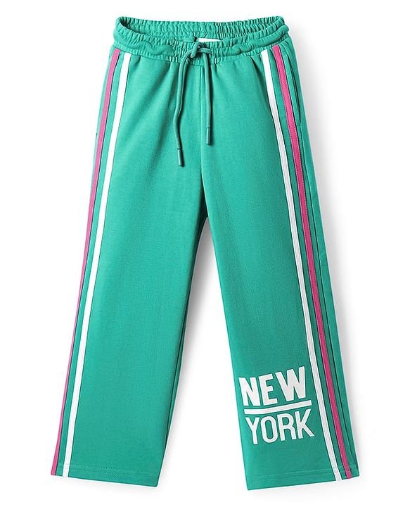Pine Kids Cotton Knit Full Sleeves Hooded Sweatshirt & Pant Set with Text Print - Mint Green