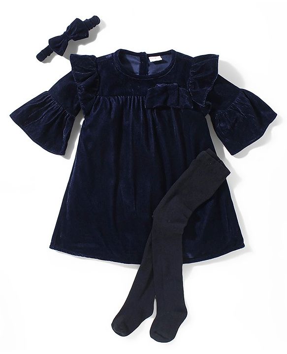 Babyhug Woven Full Sleeves Solid Colour Frock with Stockings & Head Band - Navy Blue
