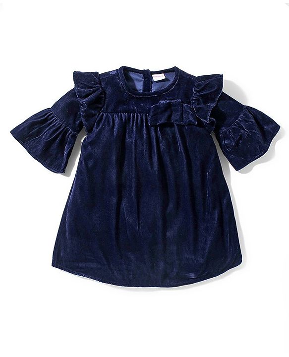 Babyhug Woven Full Sleeves Solid Colour Frock with Stockings & Head Band - Navy Blue