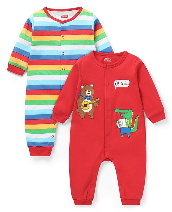 Babyhug 100% Cotton Knit Full Sleeves Rompers with Striped & Bear Print Pack of 2 - Red Green & White