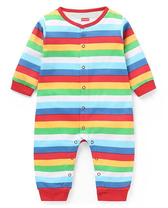 Babyhug 100% Cotton Knit Full Sleeves Rompers with Striped & Bear Print Pack of 2 - Red Green & White