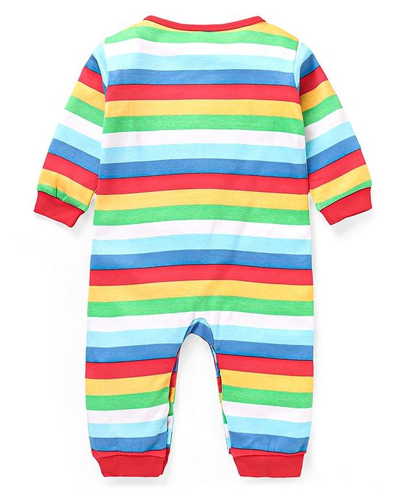 Babyhug 100% Cotton Knit Full Sleeves Rompers with Striped & Bear Print Pack of 2 - Red Green & White