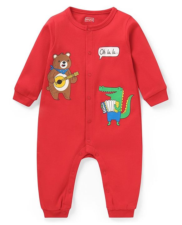 Babyhug 100% Cotton Knit Full Sleeves Rompers with Striped & Bear Print Pack of 2 - Red Green & White