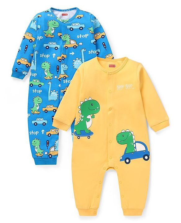 Babyhug 100% Cotton Knit Full Sleeves Rompers with Dino & Car Print Pack of 2 - Yellow & Blue
