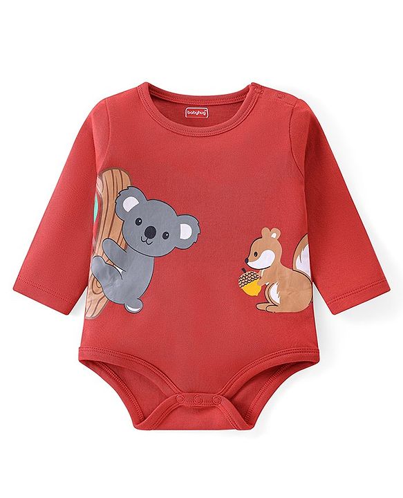 Babyhug 100% Cotton Full Sleeves Onesies with Leggings  & Cap Mitten Booties Koala Print - Red & Navy