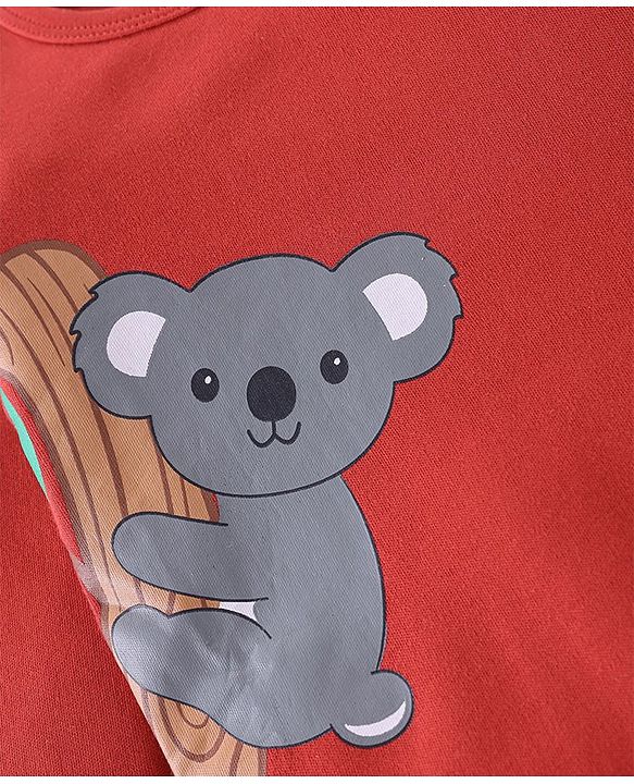 Babyhug 100% Cotton Full Sleeves Onesies with Leggings  & Cap Mitten Booties Koala Print - Red & Navy