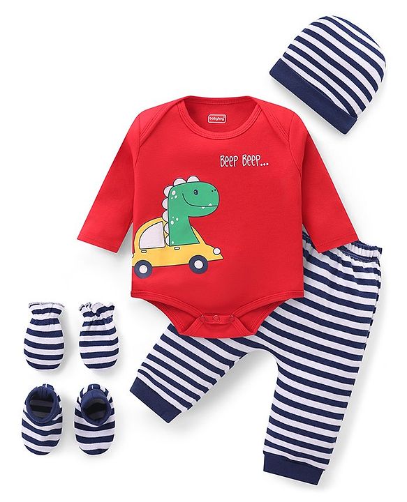 Babyhug 100% Cotton Knit Full Sleeves  Booties Striped &  Dino Printed Onesie with Leggings Pair of Mittens & Booties - Red