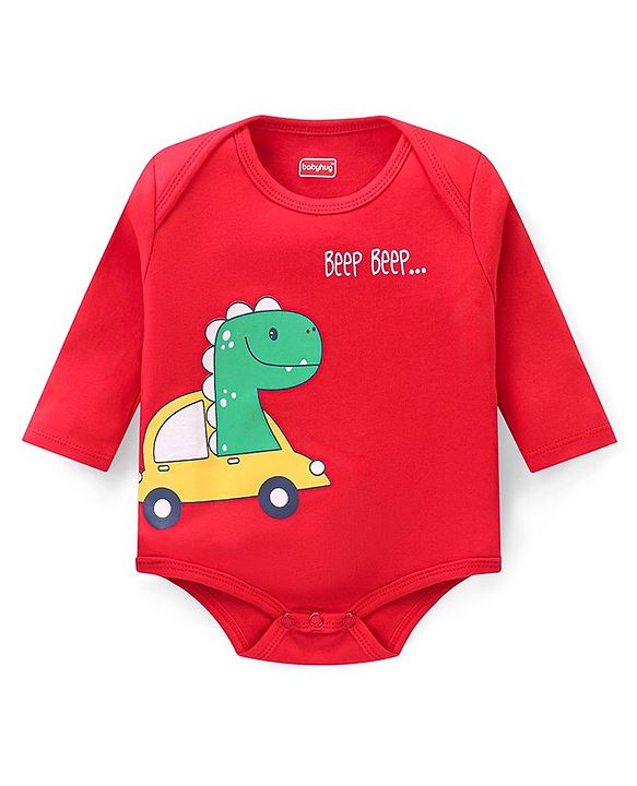 Babyhug 100% Cotton Knit Full Sleeves  Booties Striped &  Dino Printed Onesie with Leggings Pair of Mittens & Booties - Red