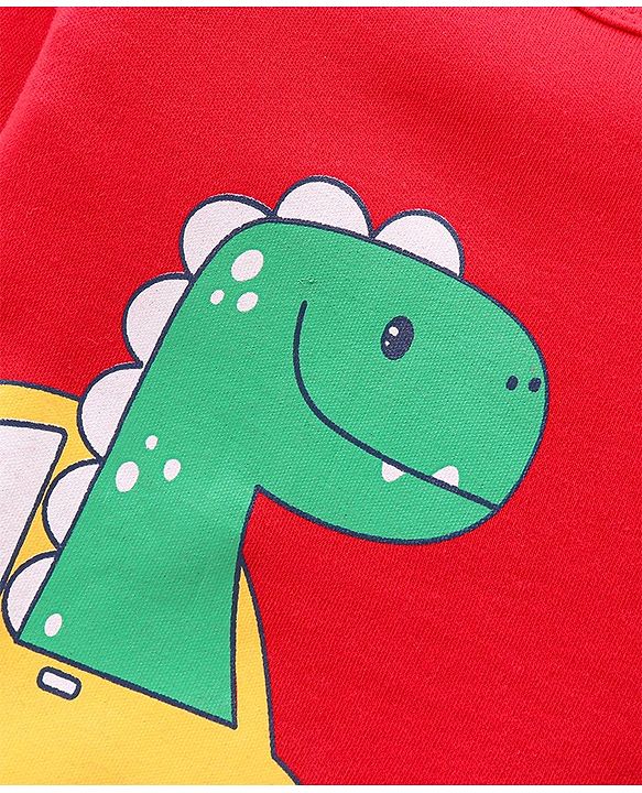 Babyhug 100% Cotton Knit Full Sleeves  Booties Striped &  Dino Printed Onesie with Leggings Pair of Mittens & Booties - Red