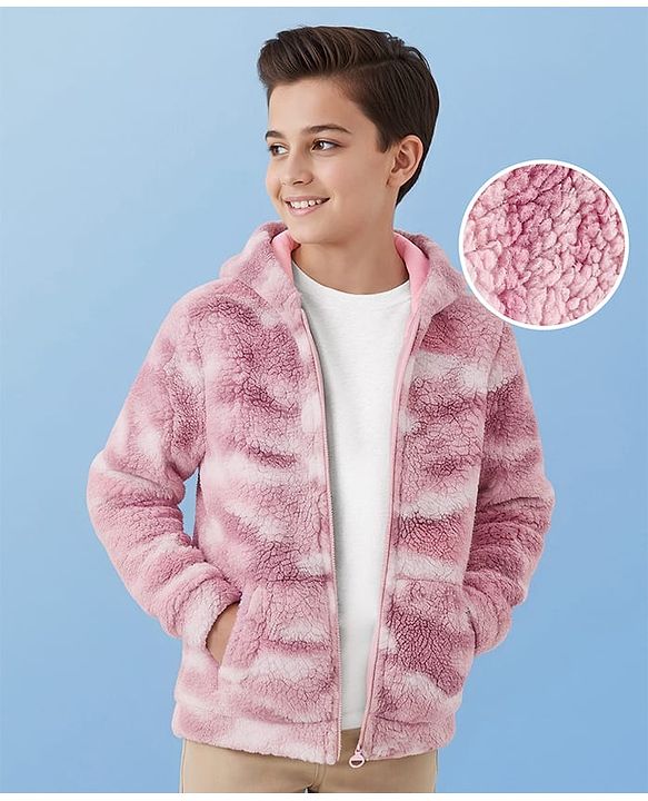 Pine Kids Woven Full Sleeves Hooded Fur Sweatjacket with Kangaroo Pockets Camouflage Print - Pink