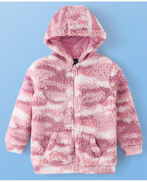 Pine Kids Woven Full Sleeves Hooded Fur Sweatjacket with Kangaroo Pockets Camouflage Print - Pink
