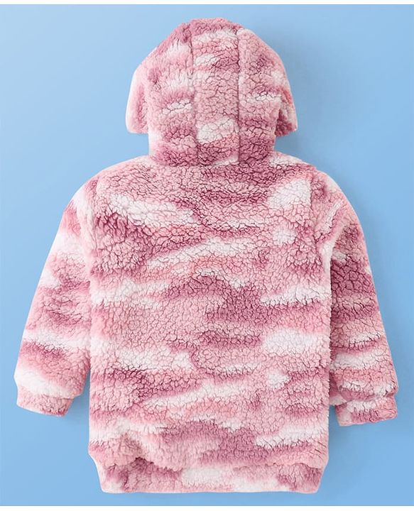 Pine Kids Woven Full Sleeves Hooded Fur Sweatjacket with Kangaroo Pockets Camouflage Print - Pink