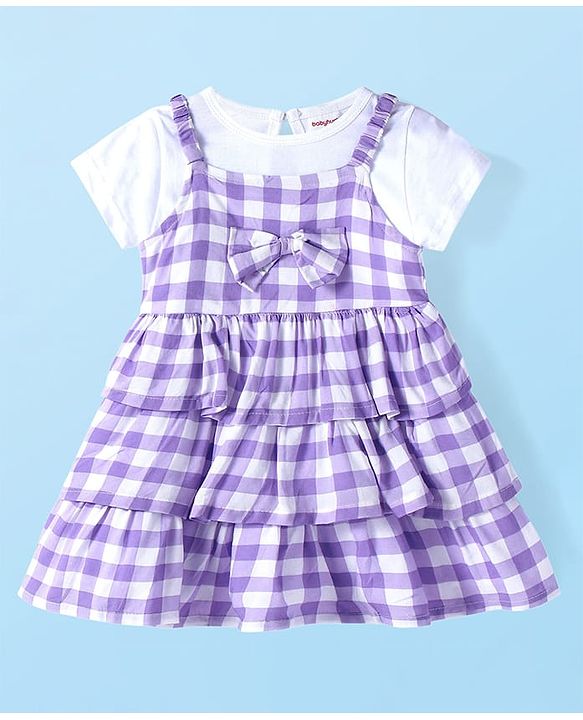 Babyhug Rayon Woven Tiered Frock With Checks &  Solid Half Sleeves Inner Tee - Purple & White