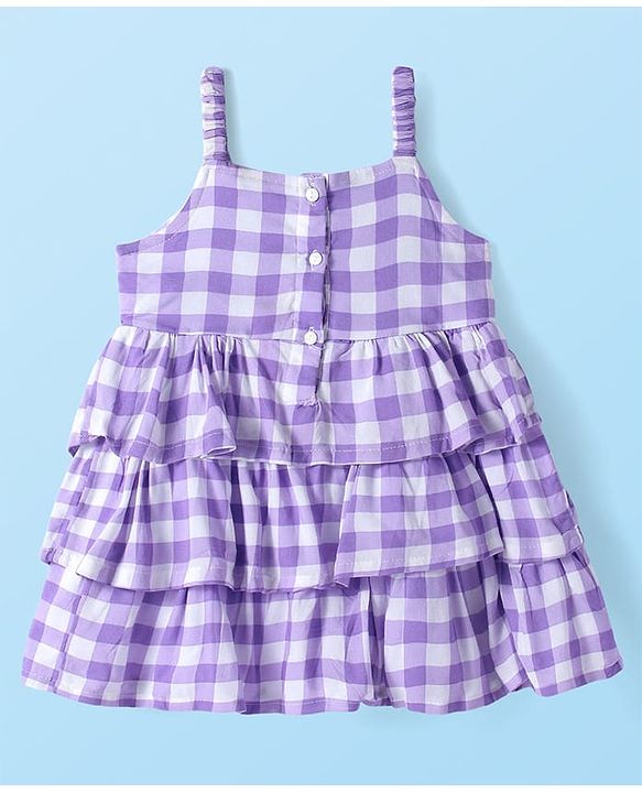 Babyhug Rayon Woven Tiered Frock With Checks &  Solid Half Sleeves Inner Tee - Purple & White