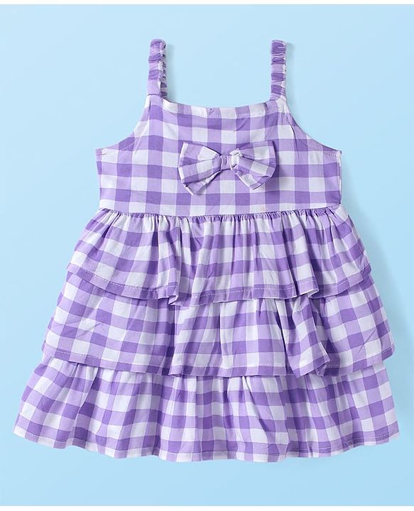 Babyhug Rayon Woven Tiered Frock With Checks &  Solid Half Sleeves Inner Tee - Purple & White