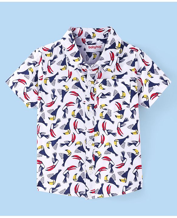 Babyhug Cotton Woven Half Sleeves Birds Printed Shirt -White