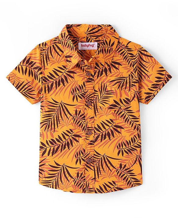 Babyhug Cotton Knit Half Sleeves Regular Collar Shirt Leaves Print- Yellow