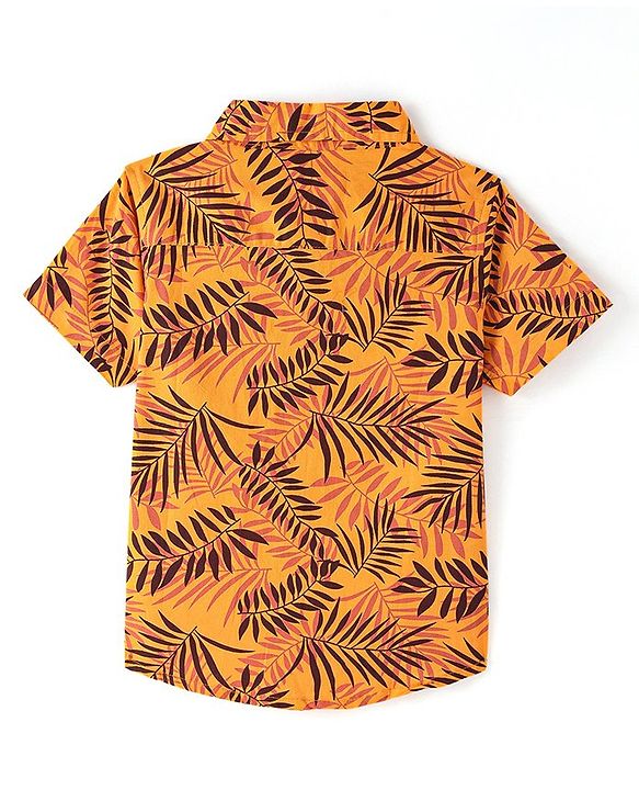 Babyhug Cotton Knit Half Sleeves Regular Collar Shirt Leaves Print- Yellow