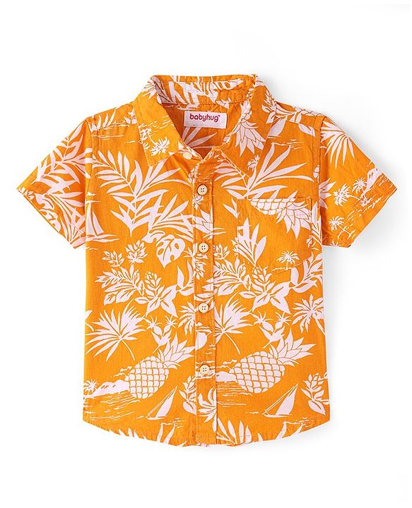 Babyhug Cotton Knit Half Sleeves Regular Collar Shirt Floral Print- Yellow