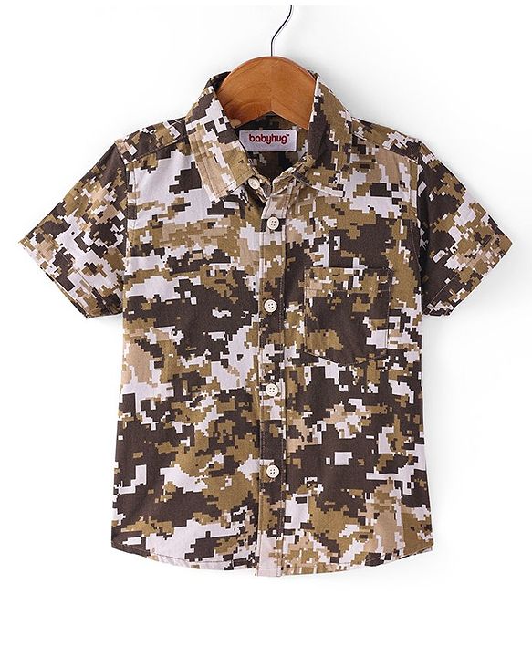 Babyhug Cotton Woven Half Sleeves Camouflage Printed Shirt - Brown & White