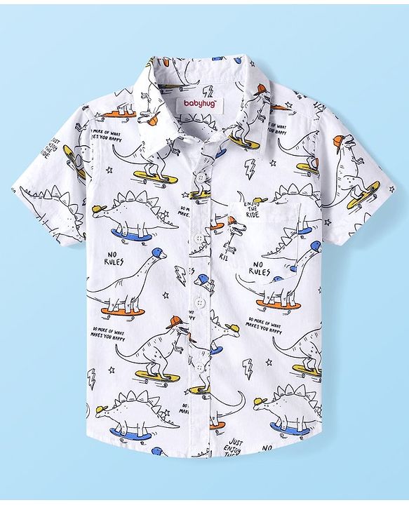Babyhug Cotton Woven Half Sleeves Dino Printed Shirt -White