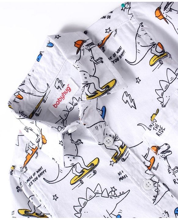 Babyhug Cotton Woven Half Sleeves Dino Printed Shirt -White