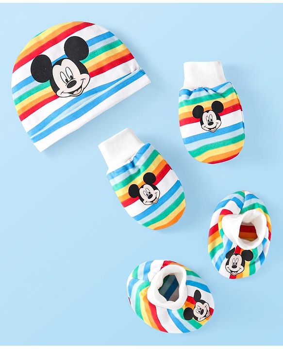 Babyhug Disney Cotton Knit Cap Mittens & Booties Set with Stripes & Mickey Mouse Graphics - White