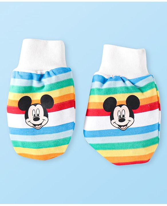 Babyhug Disney Cotton Knit Cap Mittens & Booties Set with Stripes & Mickey Mouse Graphics - White