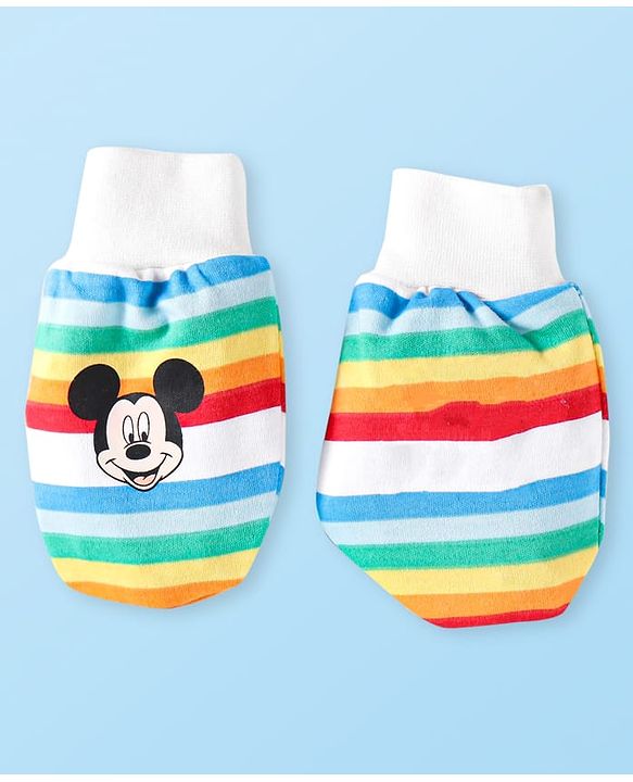 Babyhug Disney Cotton Knit Cap Mittens & Booties Set with Stripes & Mickey Mouse Graphics - White