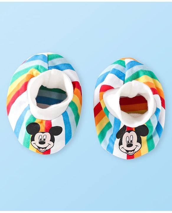 Babyhug Disney Cotton Knit Cap Mittens & Booties Set with Stripes & Mickey Mouse Graphics - White